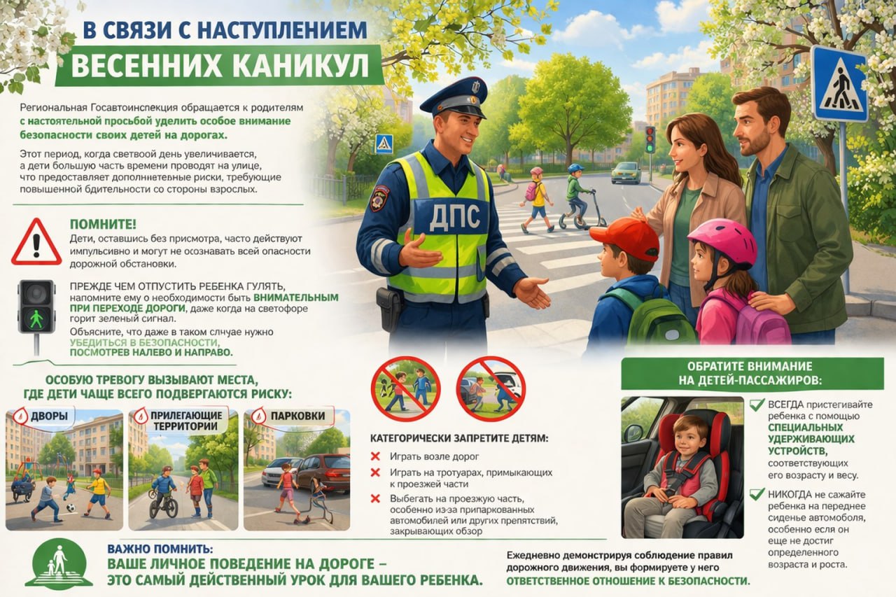 В связи с наступлением весенних каникул региональная Госавтоинспекция обращается к родителям