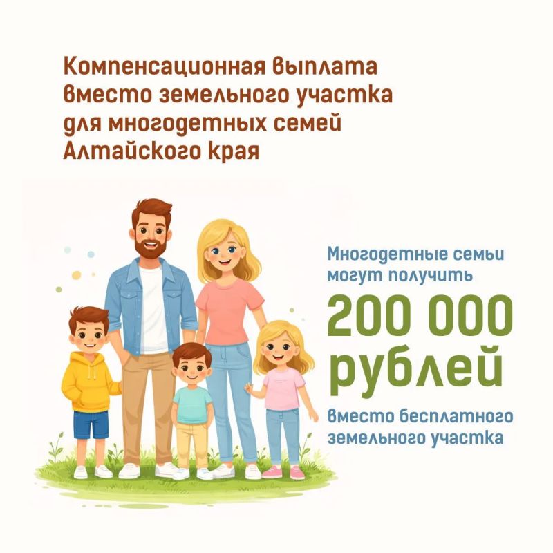 Многодетный семьи Алтайского края могут получить 200 тысяч рублей вместо бесплатного земельного участка