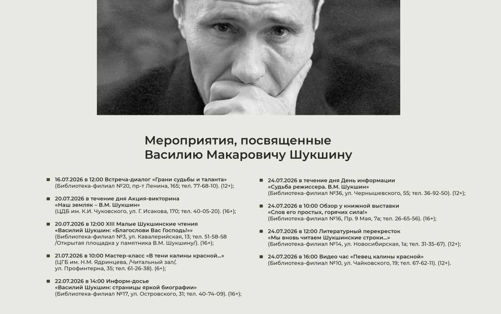 В муниципальных библиотеках Барнаула пройдут мероприятия, посвященные Василию Шукшину