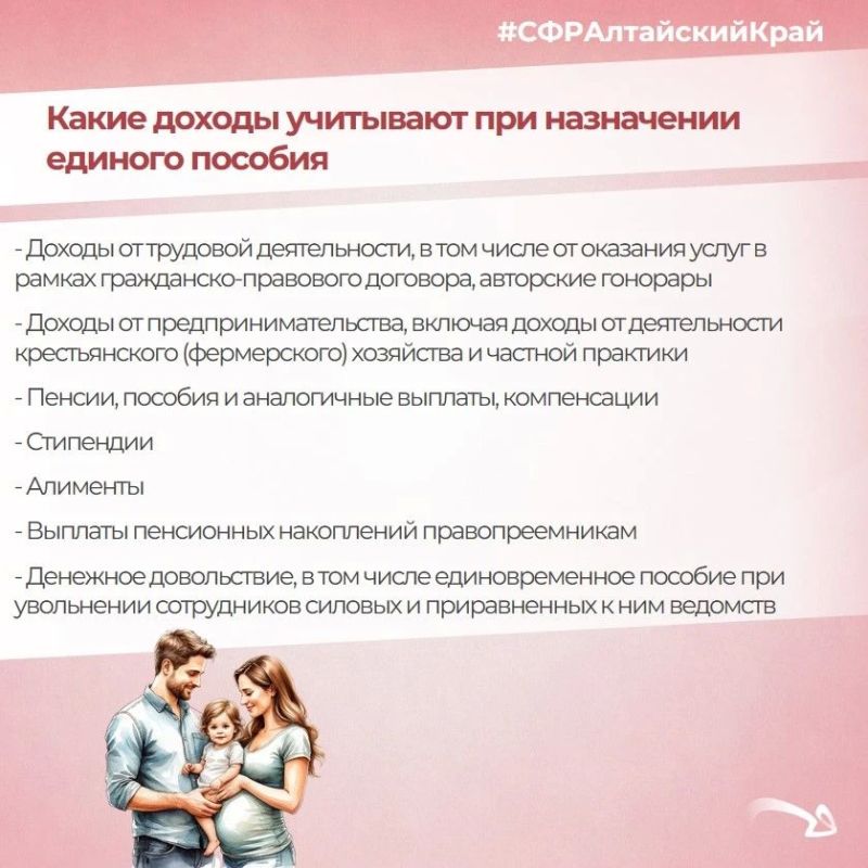 Отделение СФР по Алтайскому краю объясняет, какие доходы учитываются при назначении единого пособия Отделение СФР по Алтайскому краю объясняет, какие доходы учитываются при назначении единого пособия